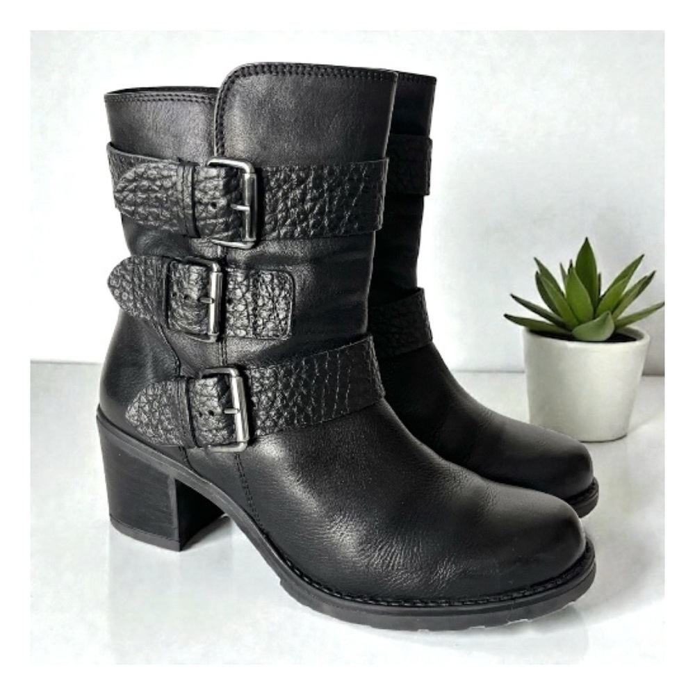 Clarks Fernwood Lake Leather buckle Tall Ankle Boots black 9